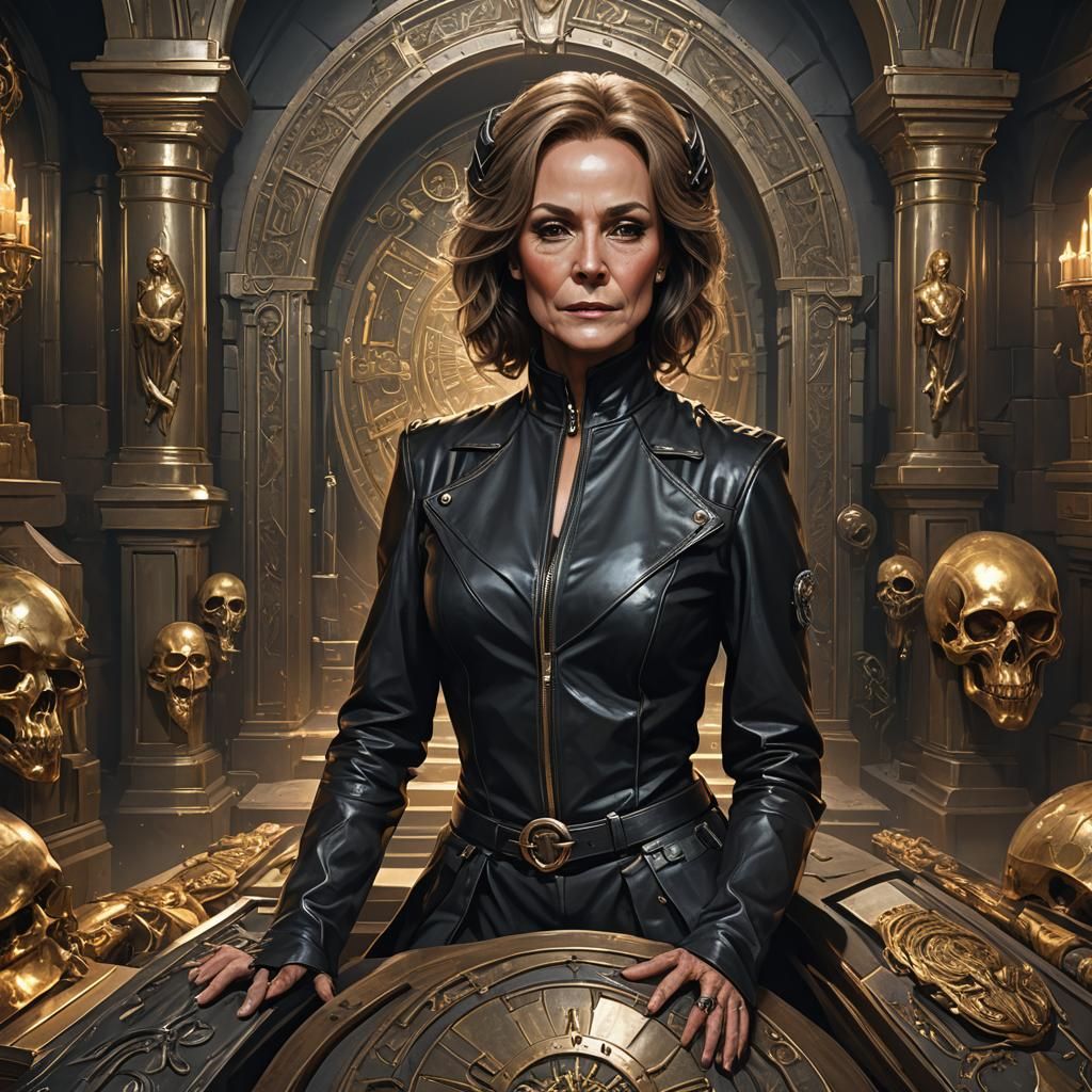 Leather-clad Woman in Coffin Vault, Detailed Portrait
