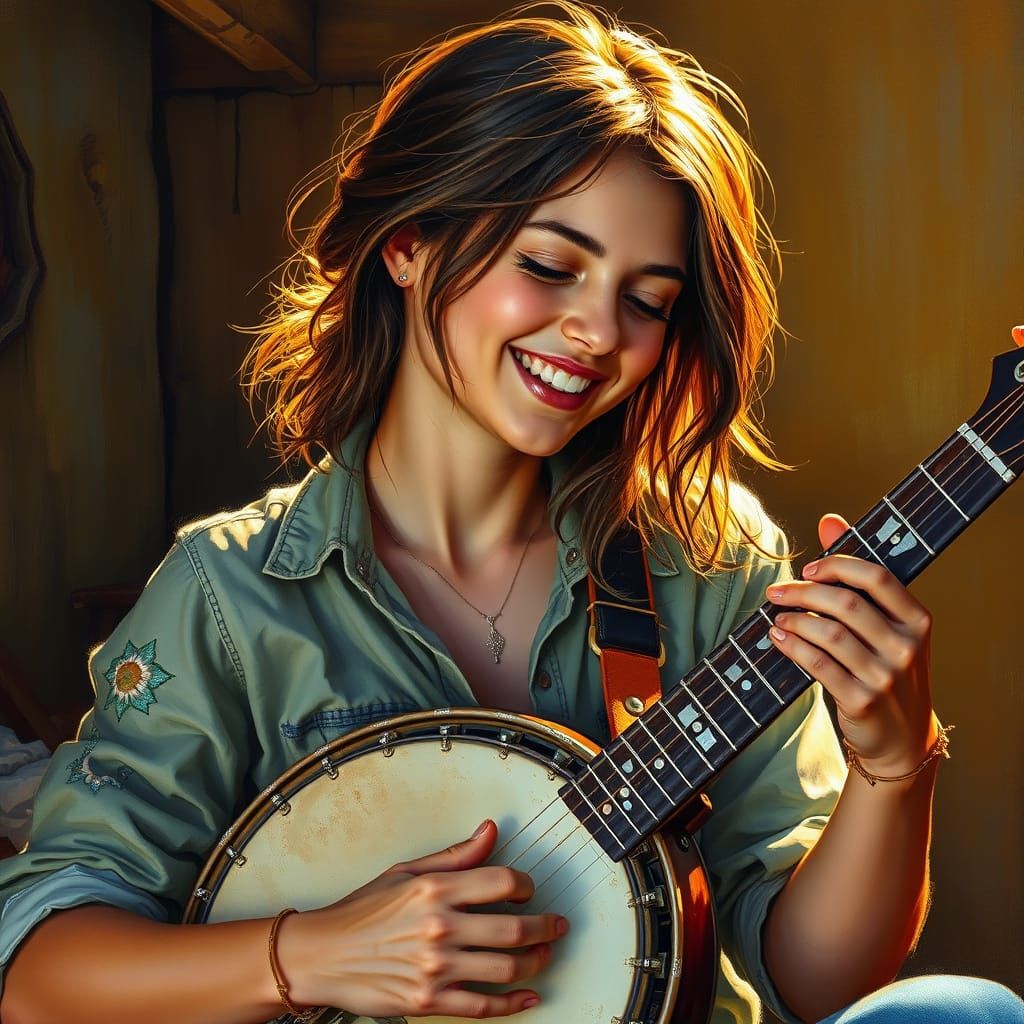 Impressionistic Banjo Player in a Cozy Rustic Setting