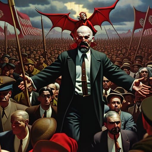 Leader Lenin does not notice the demon Pazuzu behind him