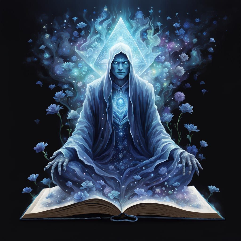 A Ghost spectre, transparent, iridescent, translucent, with many blue palette colors like a fractal diamond. Under his f...