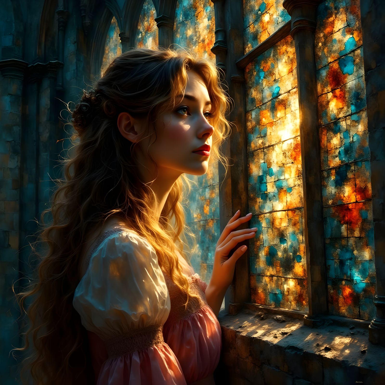 Gothic Church Visitor Peering Through Stained Glass at Dusk