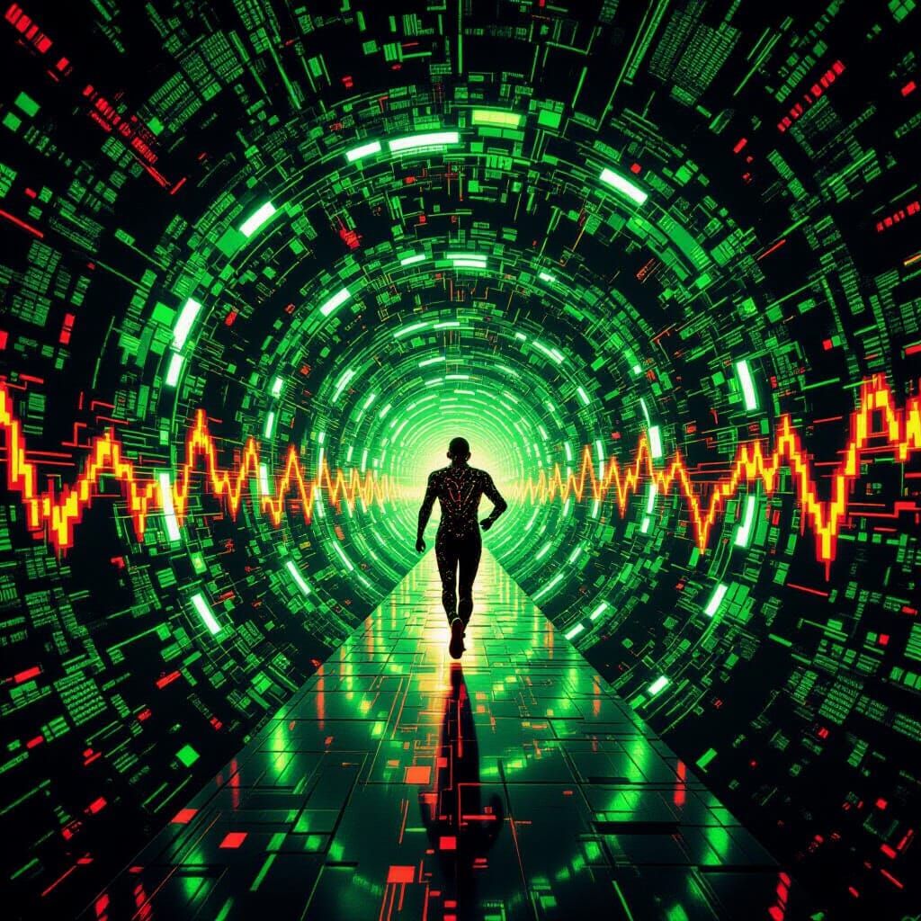 Cyberpunk Digital Tunnel with Running Figure in Neon Hues
