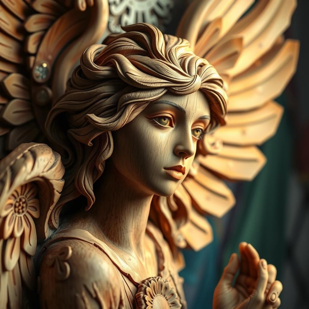 Hyperrealistic Wood Carving of a Beautiful Angel