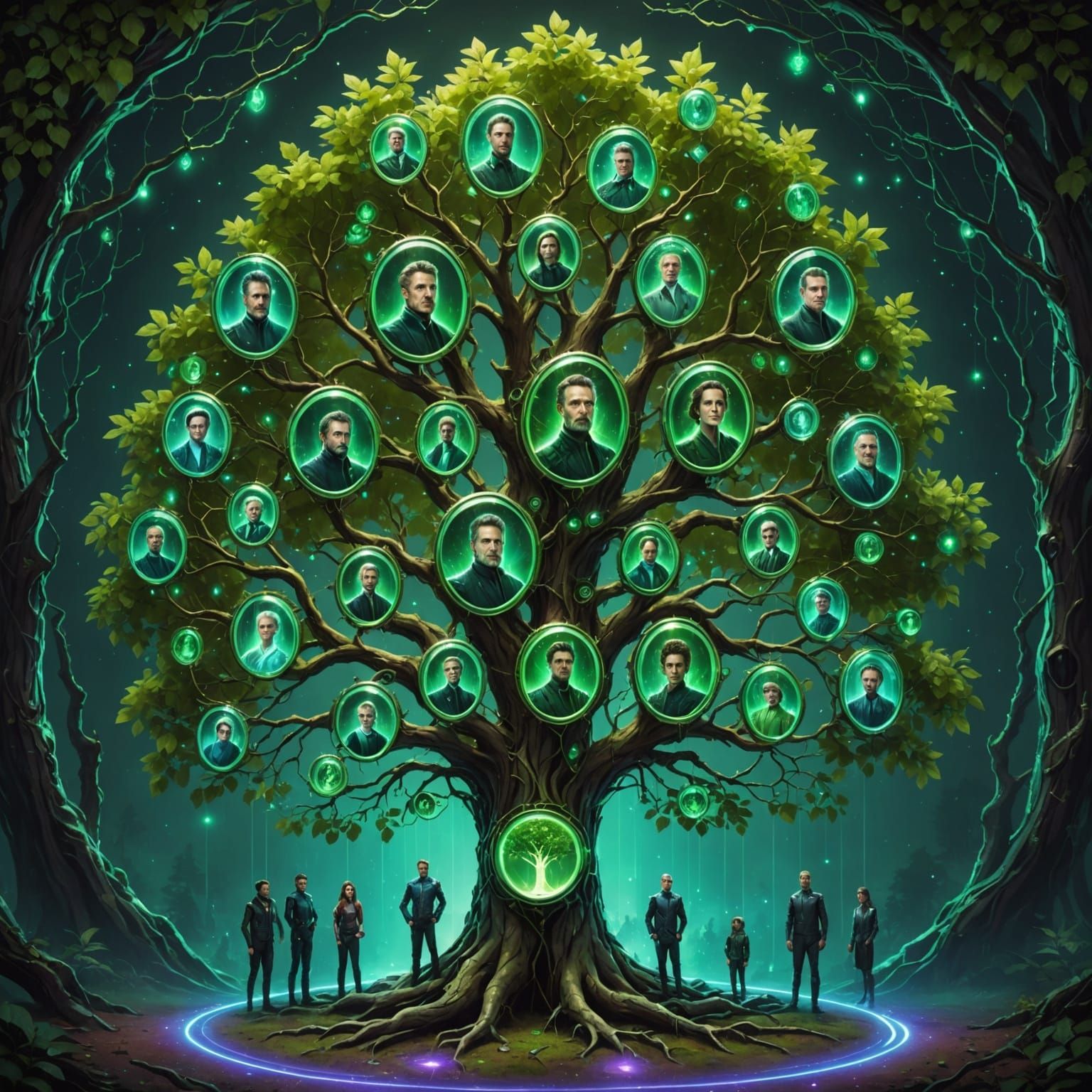 Futuristic Holographic Family Tree with Portraits