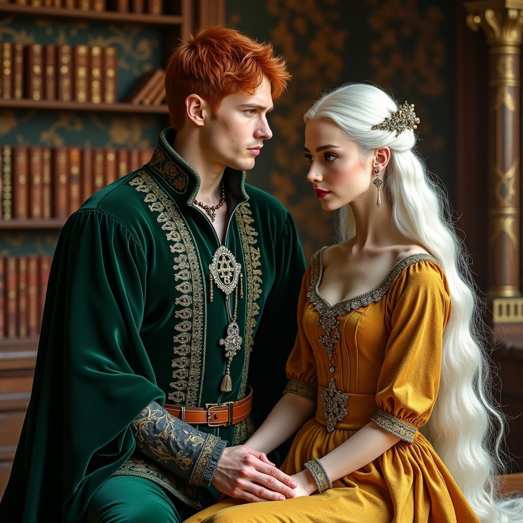 Opulent Medieval Library Scene with Prince and Princess