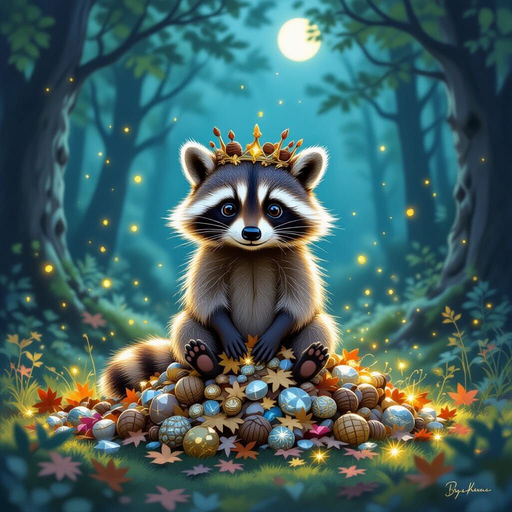 Raccoon King of Treasures in Moonlit Forest