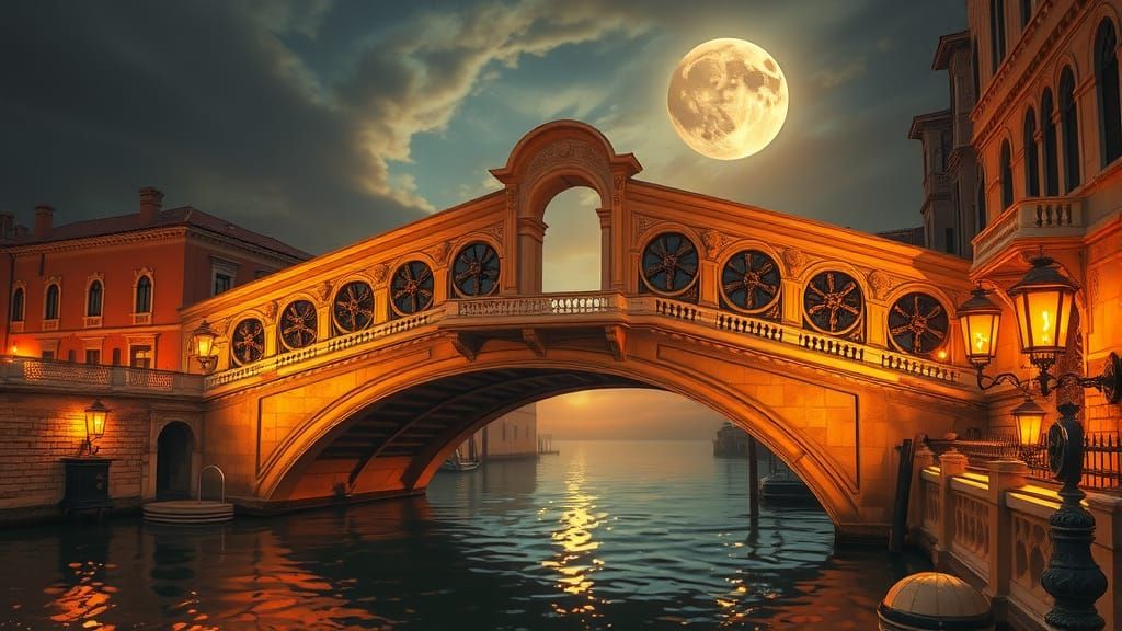 Dreamlike Venetian Bridge Under Steampunk Night Sky