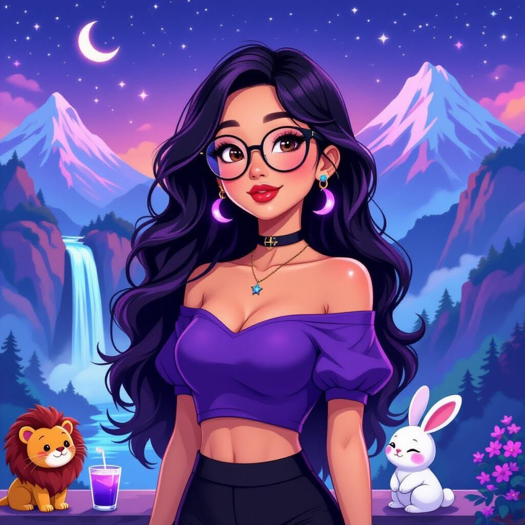 Anime Woman with Animal Spirits in Galaxy Diner