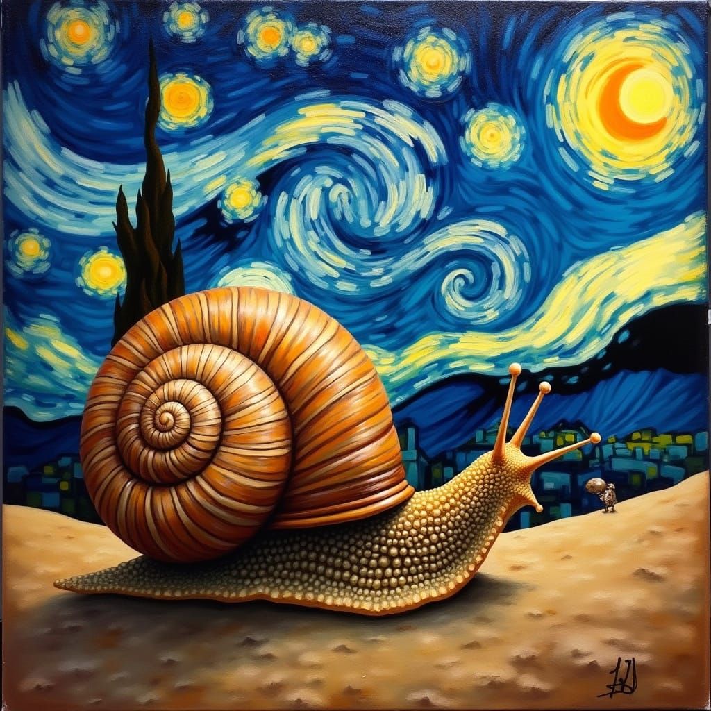 Surrealistic Snail in a Melting Starry Night Landscape