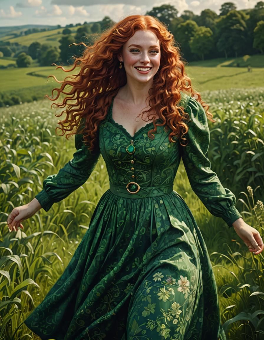 woman dressed in vintage dress , smiling , curly long red hair, emerald eyes, walking through a lush green field