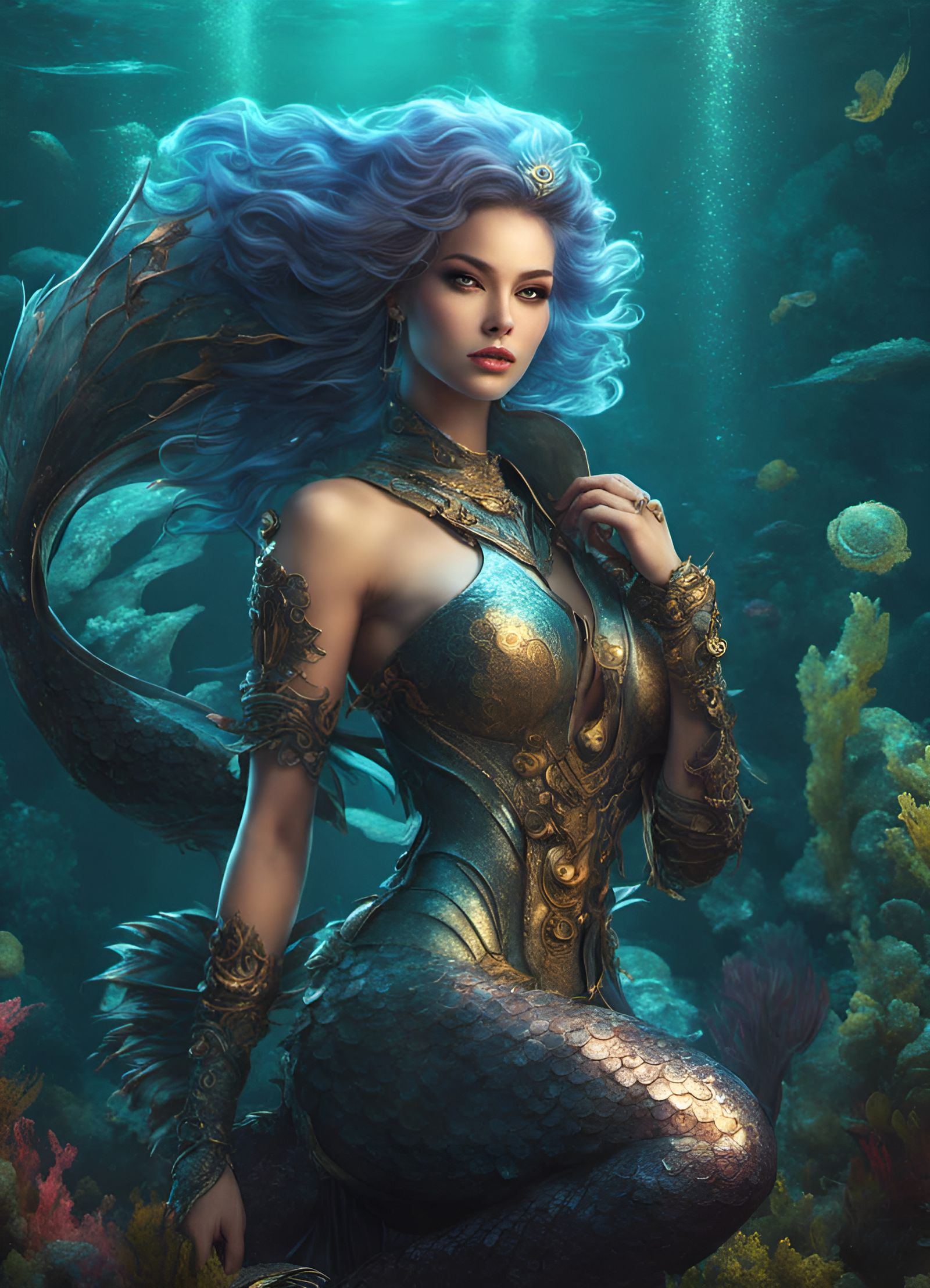 Cyberpunk Mermaid in Underwater Fantasy Artwork