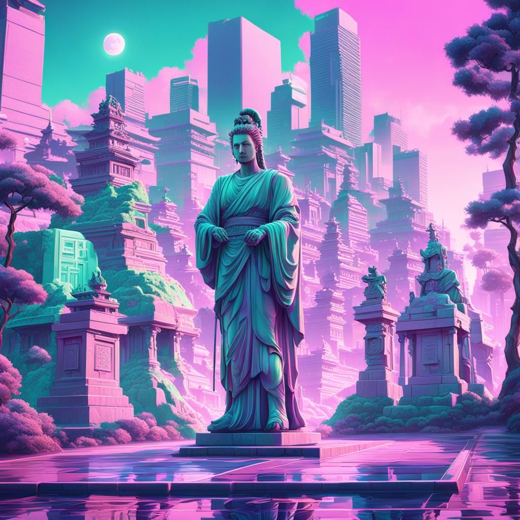 Vaporwave Cityscape with Greek Elements: Digital Matte Paint...