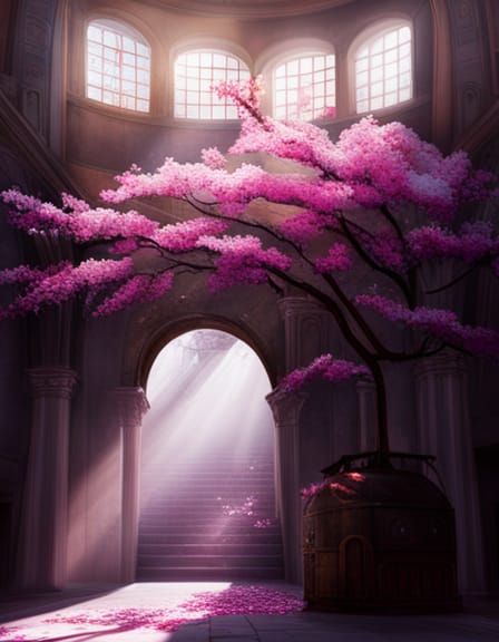 Cherry Tree Blossoming in Crumbling Ancient Building