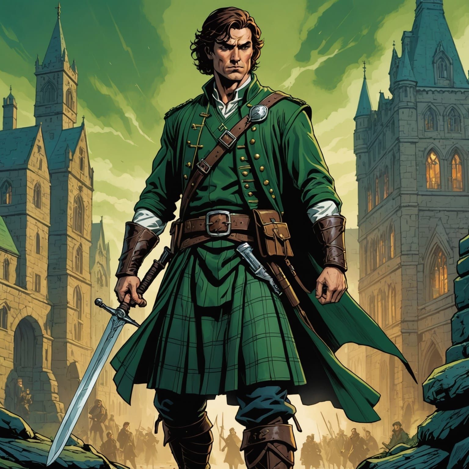 Brunette Scotsman with Sword in Comic Book Art Style