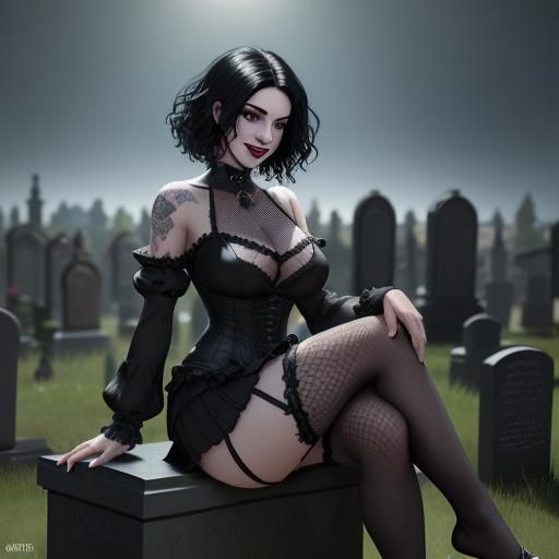 Goth Woman Portrait in Cemetery, Detailed Digital Art