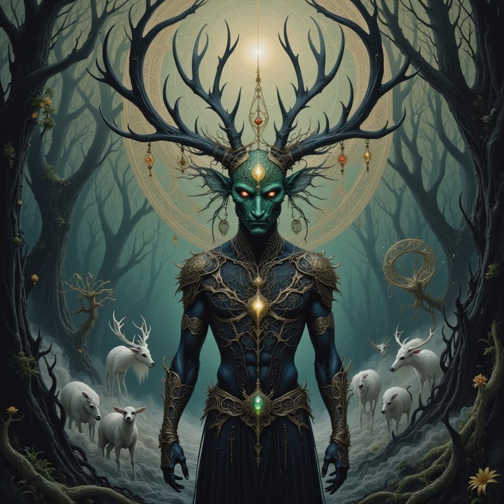 Majestic Stag-Headed Man in Ethereal Forest