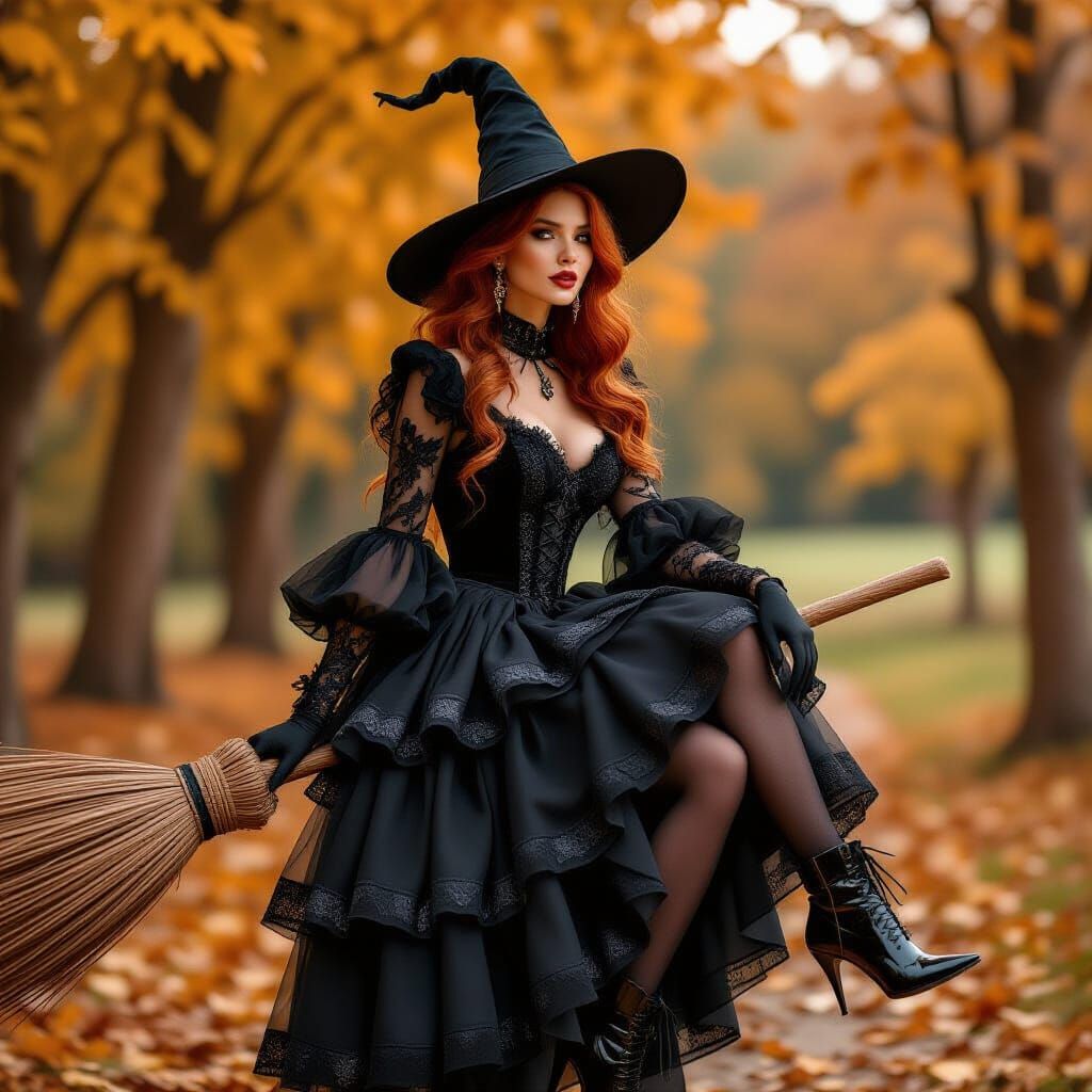 Elegant Witch in Couture Dress Riding Broomstick