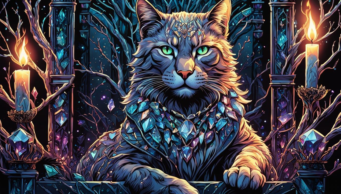 Regal Feline on Twisted Crystal Throne in Vibrant Comic Book...
