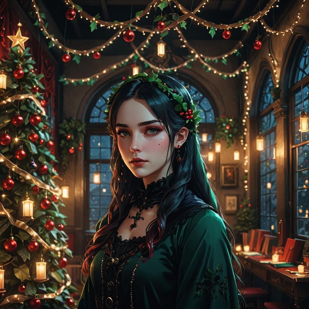 Gothic Anime Woman in Christmas Room, Matte Painting