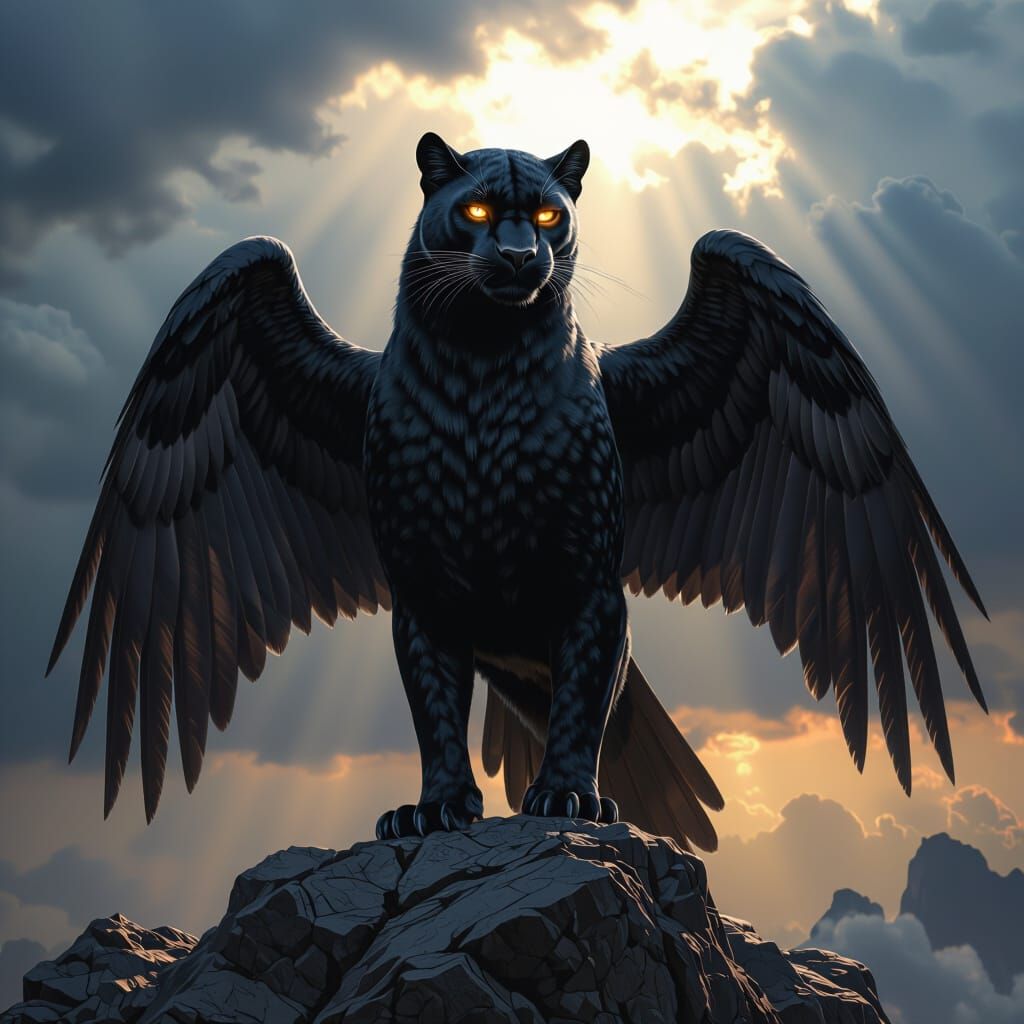 Panther-Eagle Hybrid Creature on Rocky Outcrop