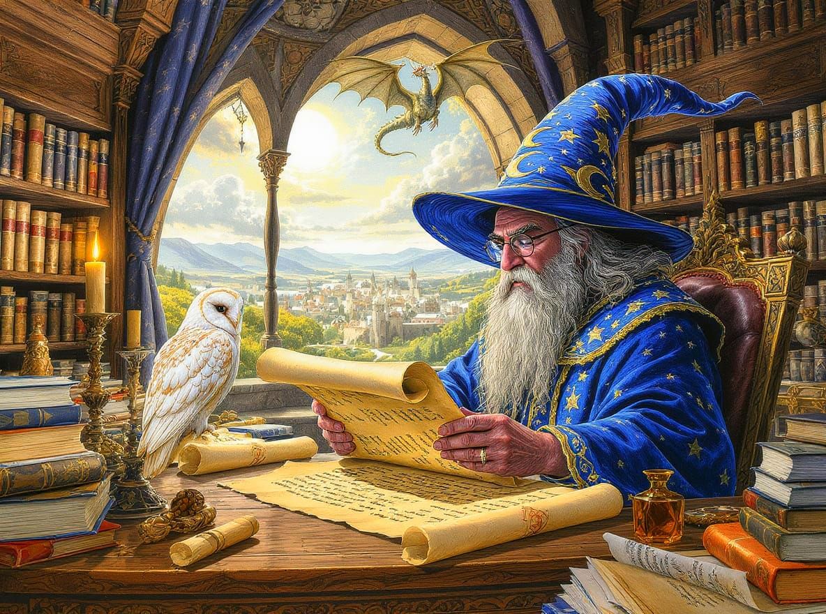 Old Wizard Reading Scroll in Fantasy Kingdom