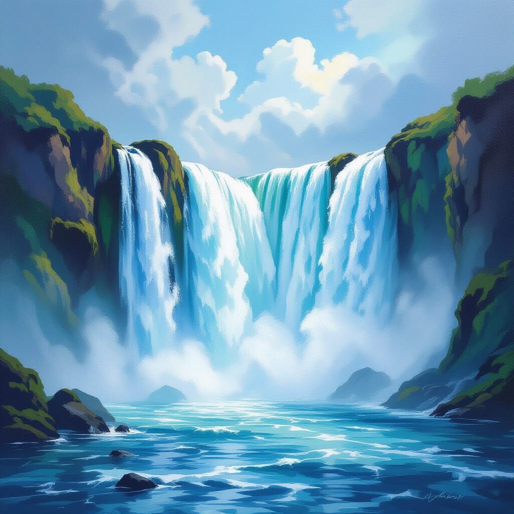 Majestic Waterfall with Turquoise Light: Oil Painting