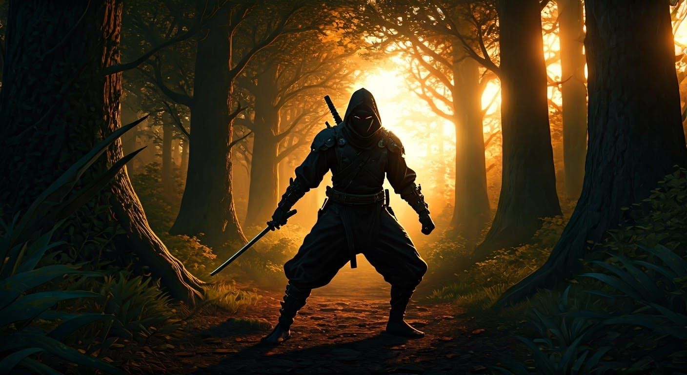 Ninja in Shadows with Katana, Matte Painting Style