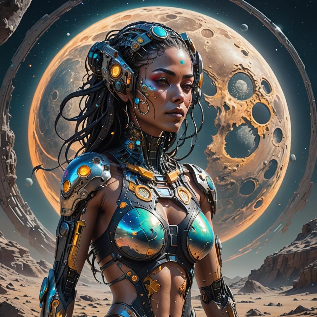 Exotic Cyberpunk Woman Sunbathing on the Moon
