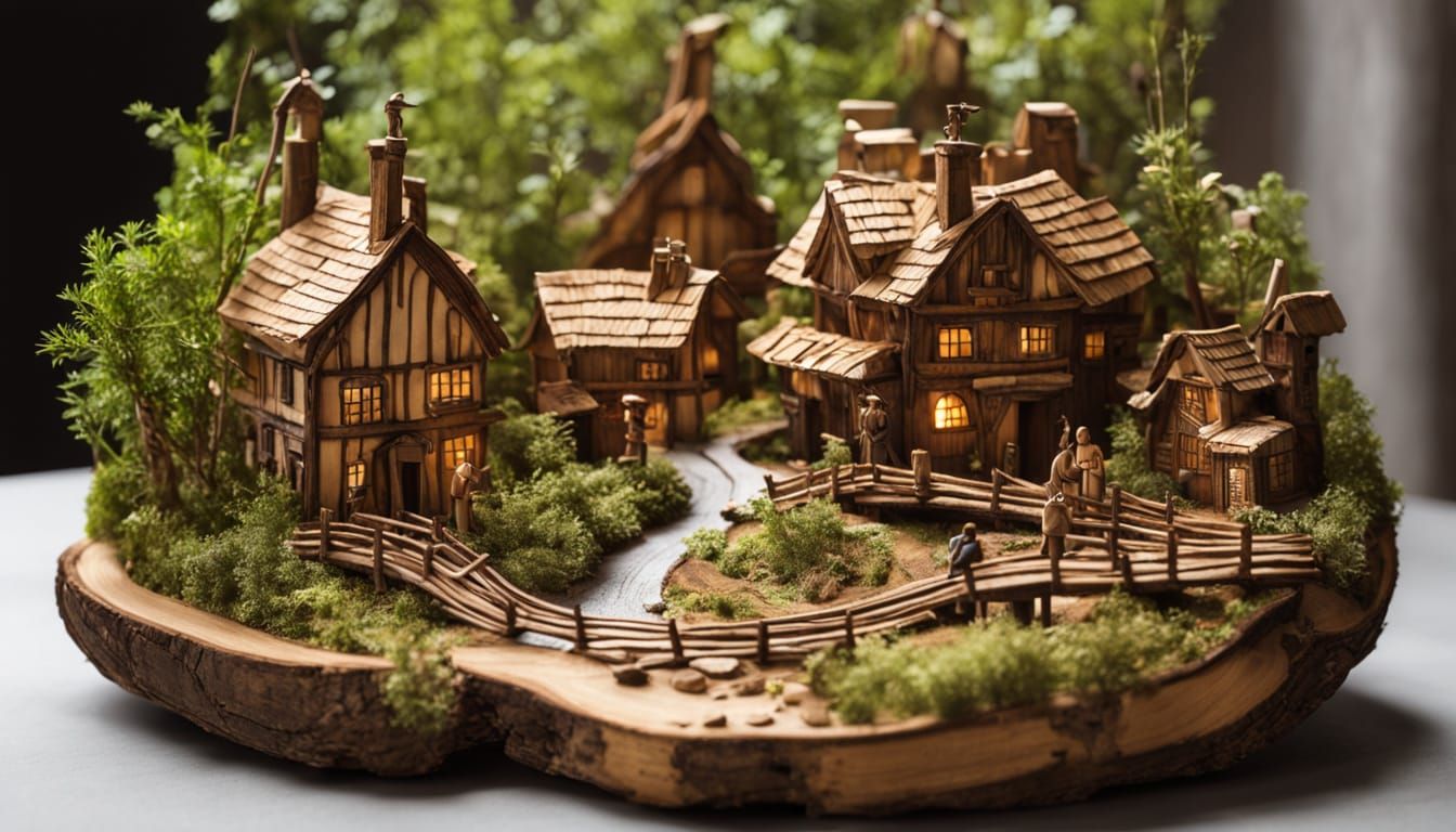 Whimsical Miniature Forest Village in Folk Art Style