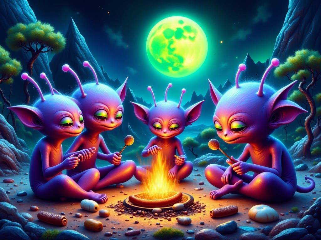 Purple Aliens Roast Marshmallows: Surreal Oil Painting