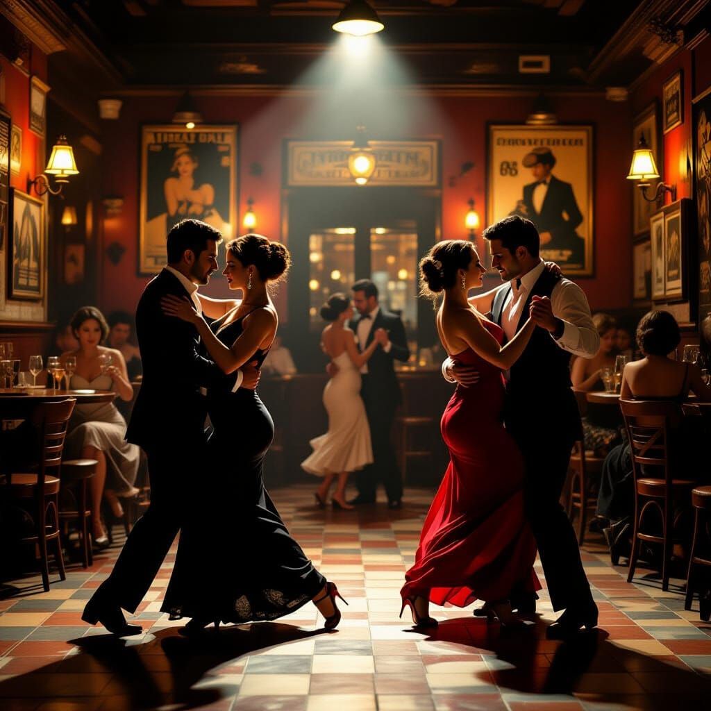 Couples Dancing Tango in Dimly Lit Buenos Aires Bar