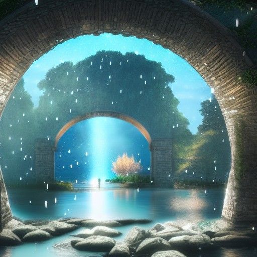 Sparkly River Under Stone Archway in Anime Style