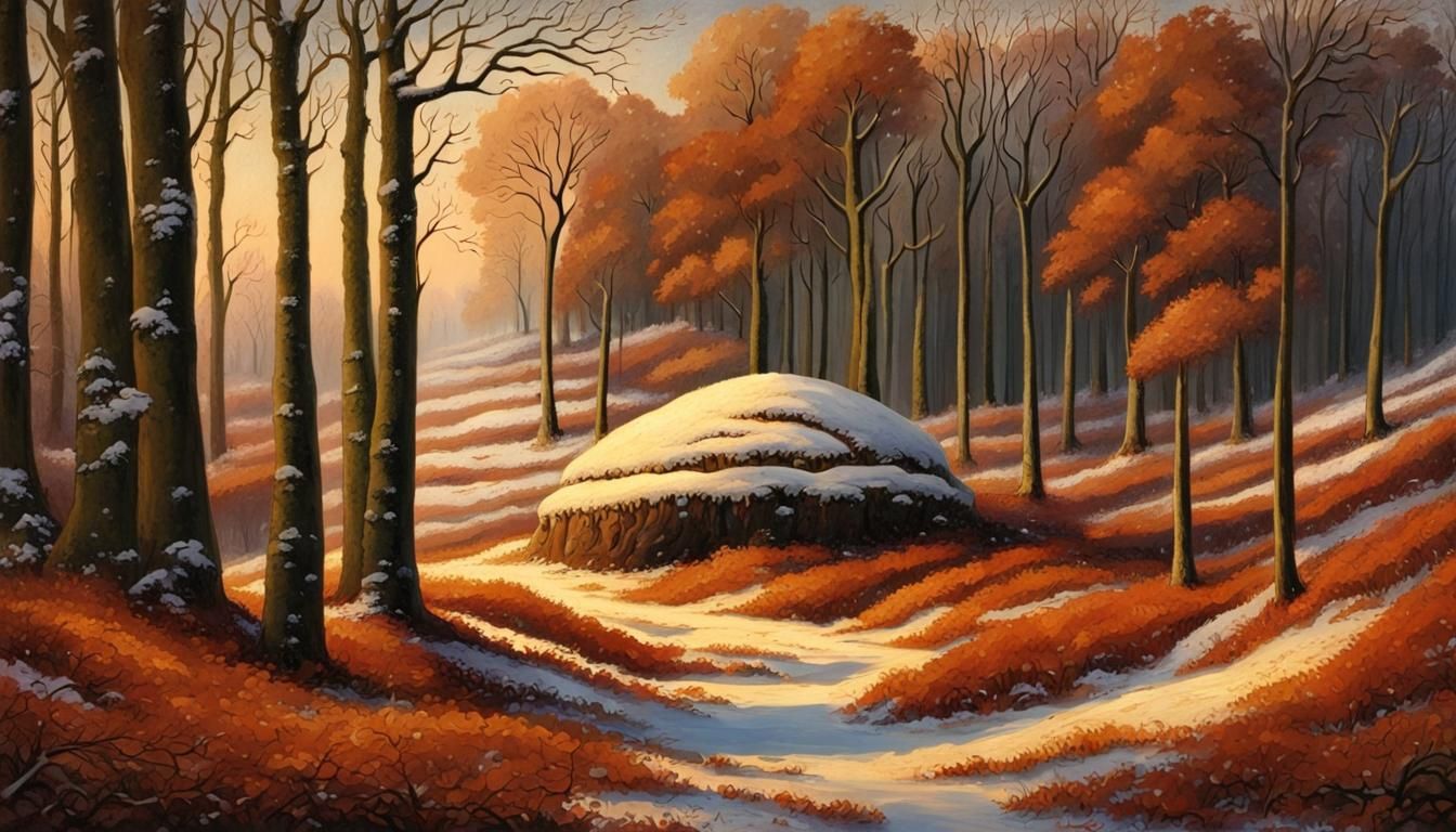 Snow-covered Etruscan Tumulus in Winter Beechwood