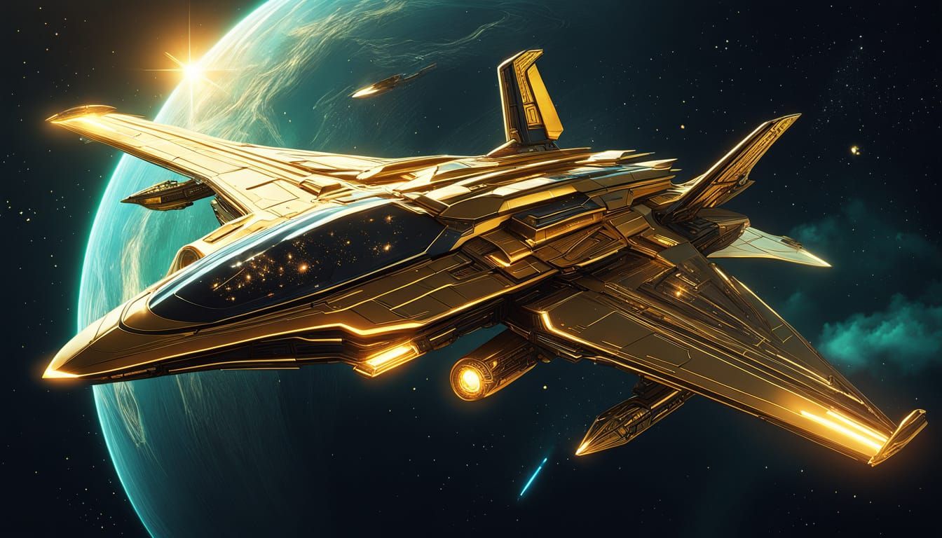 Golden Phoenix Starship Soaring Near Saturn