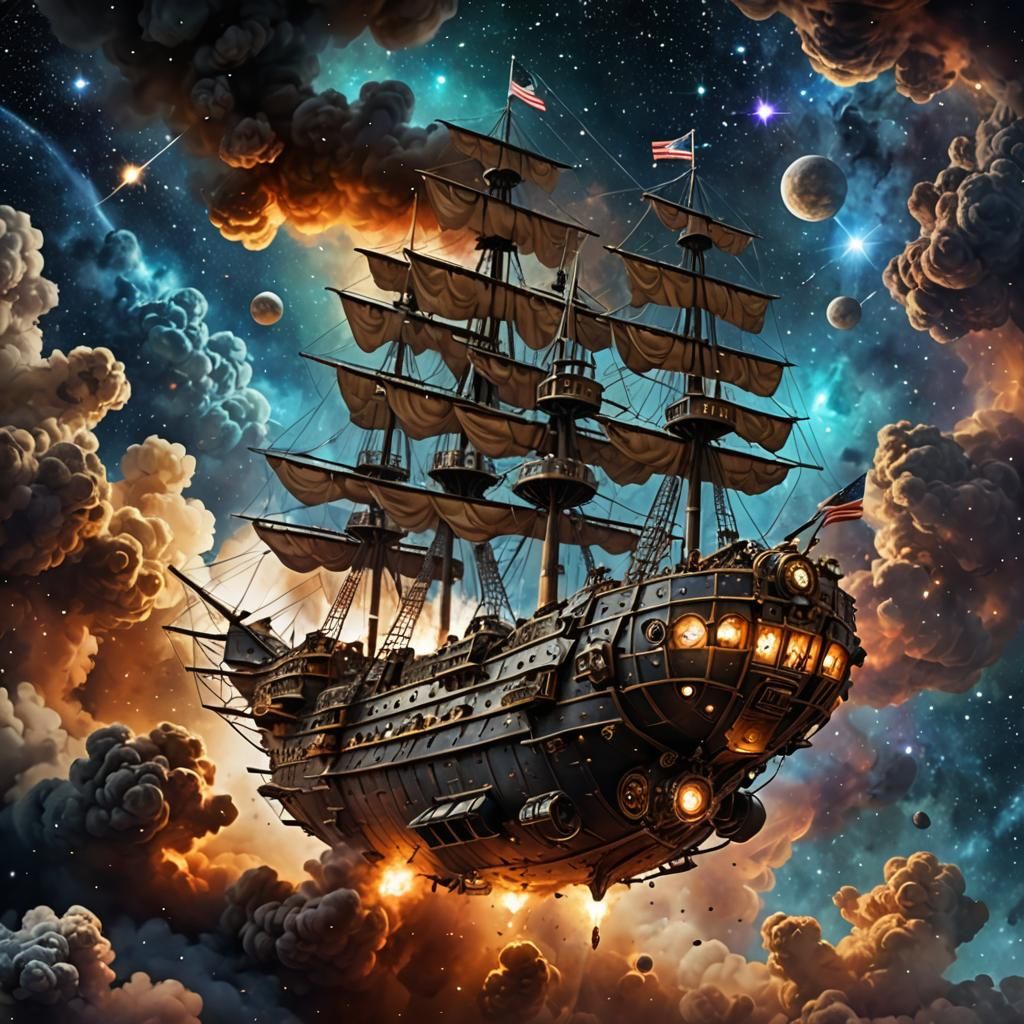Steampunk Ship Flying Through Nebula