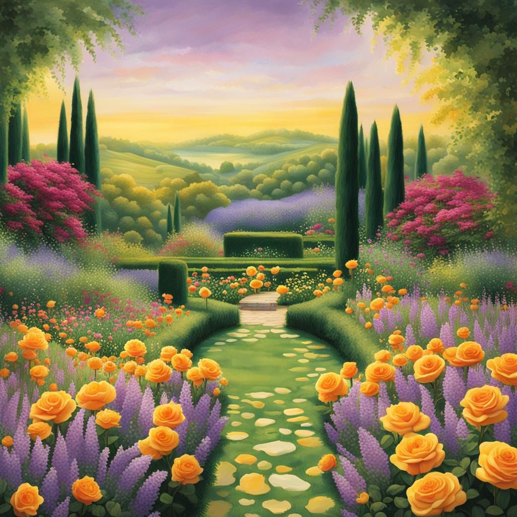 Dreamlike Garden with Girl on Swing