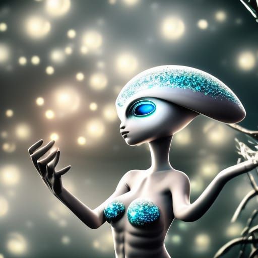 Metallic Blue-Eyed Gray Alien Healer Goddess