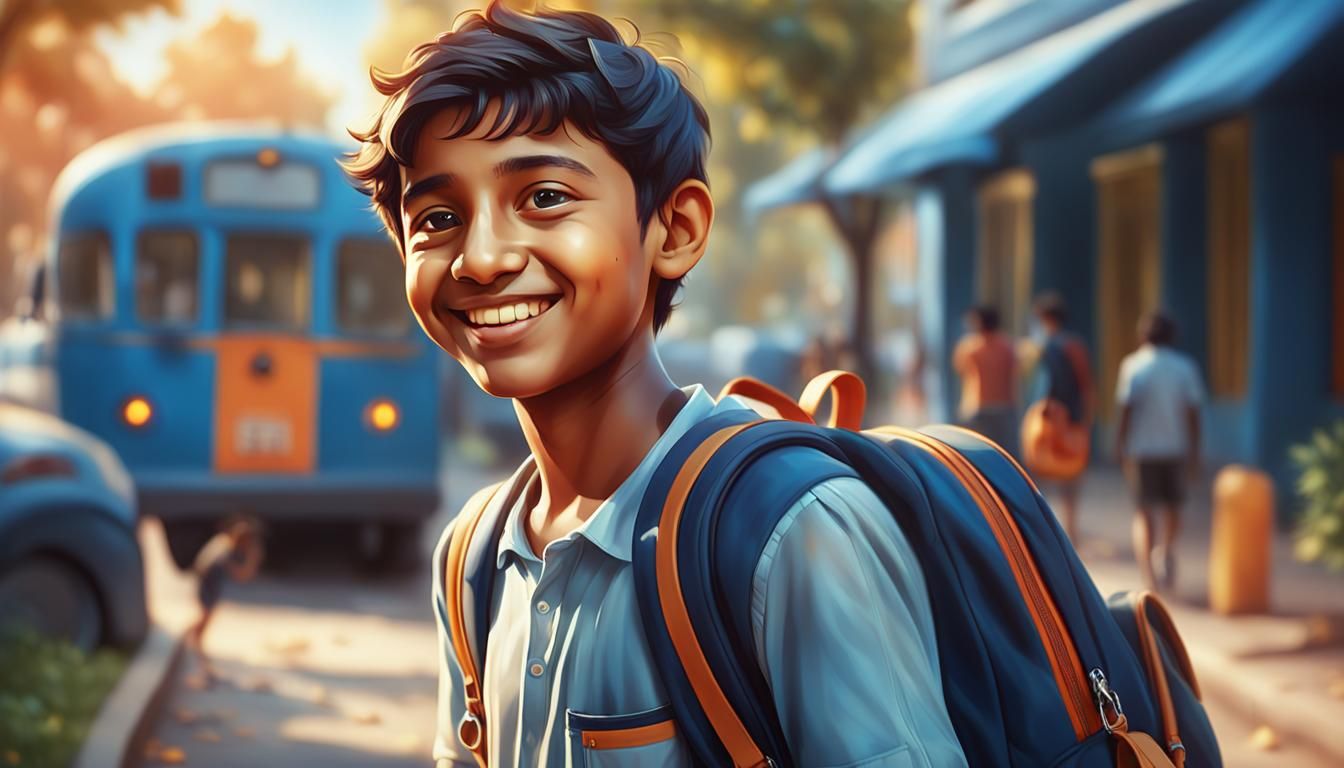 Indian Boy Walking Home in Hyperrealistic Splash Art