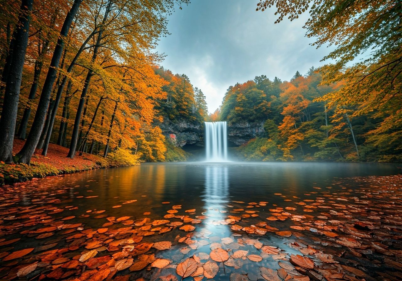 Ethereal Autumn Lake Waterfall in Trippy Mist