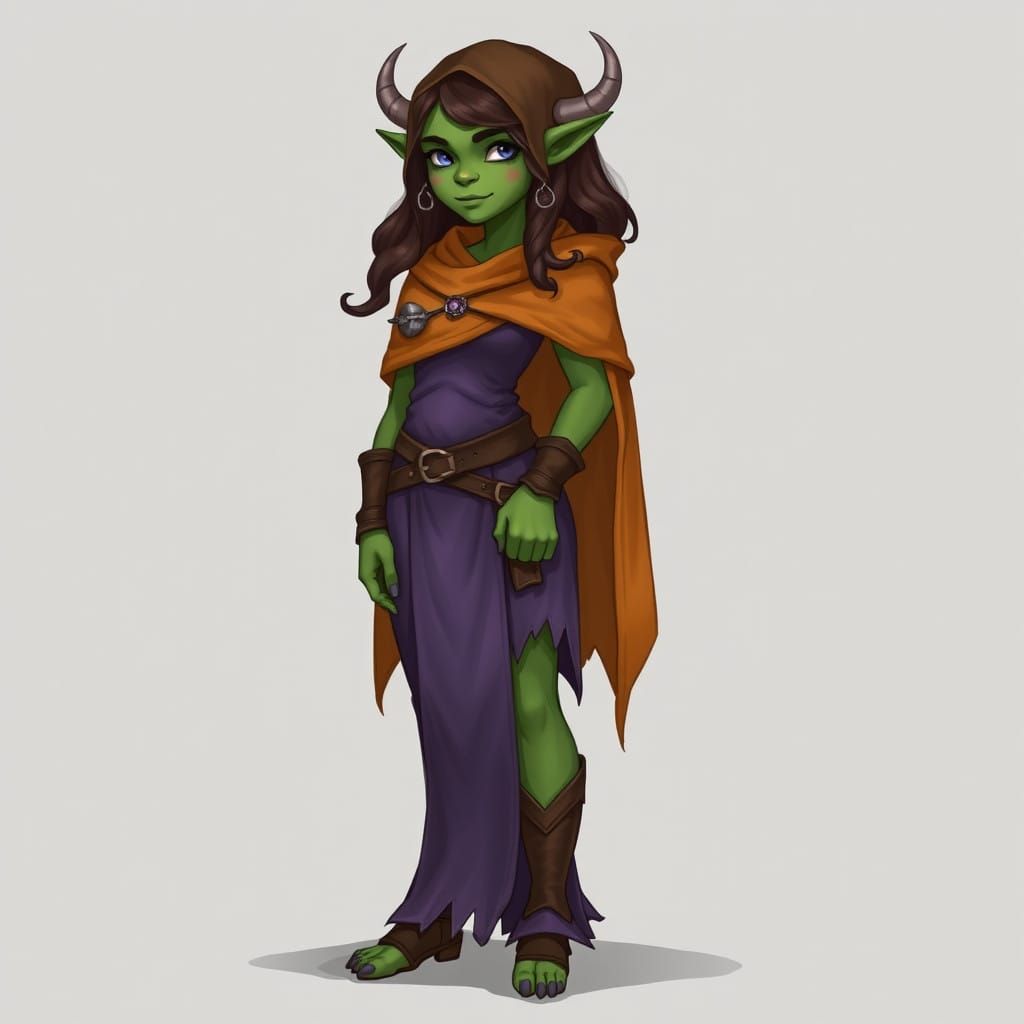 Gentle Female Orc-Human in Elegant High Fantasy Attire