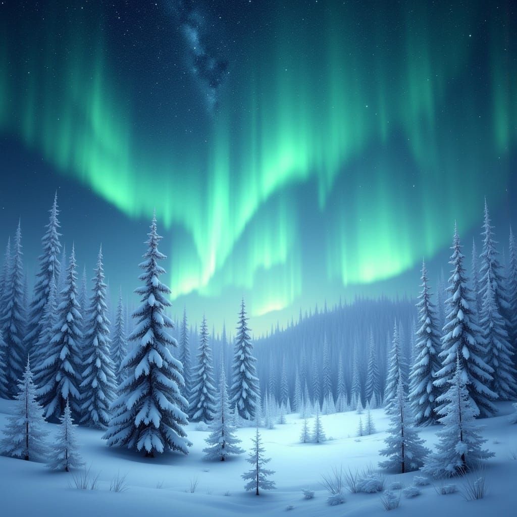 Winter Landscape Under Aurora Borealis in Triptych