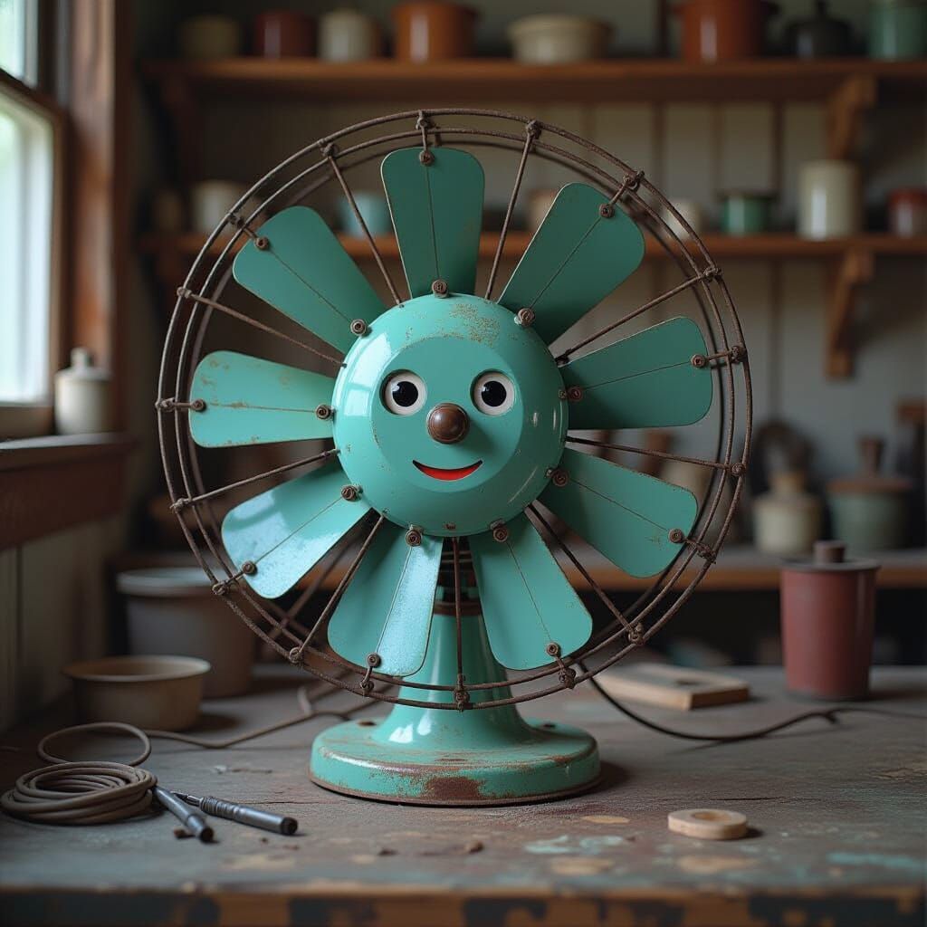 Happy Old Turquoise Desktop Fan in Workshop