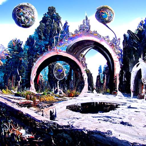 Cosmic Portals Through Stone Wall, Detailed Matte Painting
