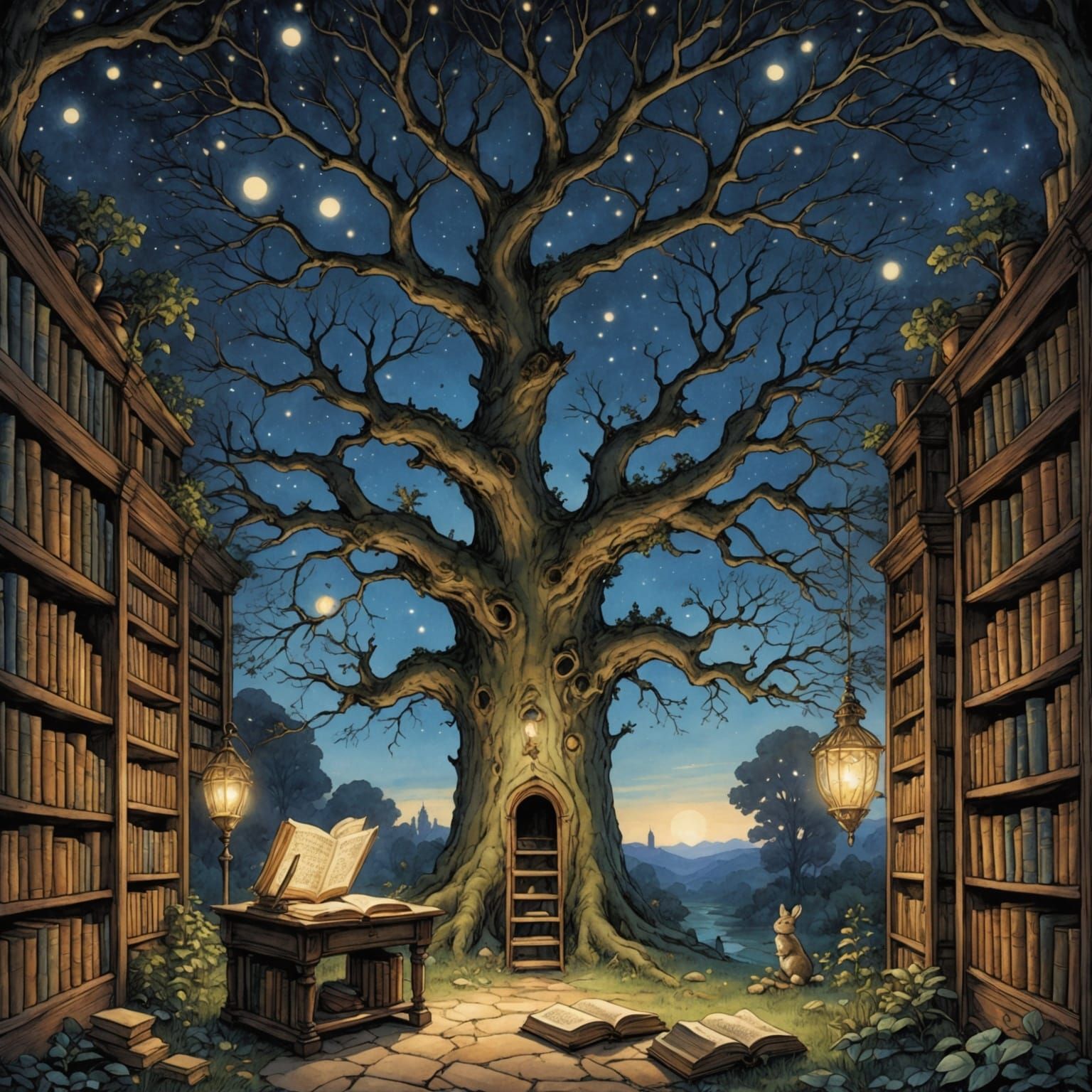 Celestial Tree Library in Watercolor Style