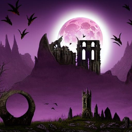 Gothic Landscape with Ruined Tower and Blood Moon