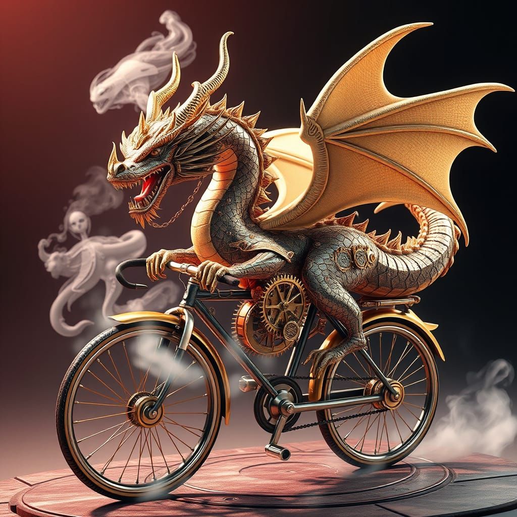 Steampunk Dragon Riding Bicycle in 3D Anime Style