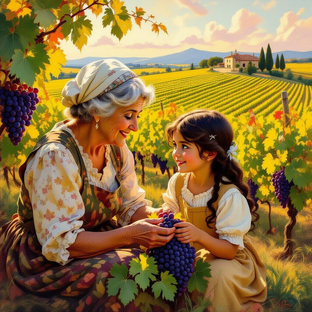 Art Nouveau Scene of Grandmothers and Granddaughters Picking...