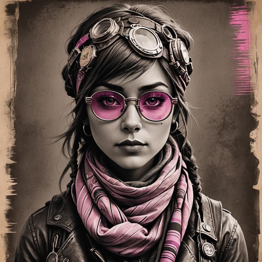 Monochrome Sepia Portrait with Pink Steampunk Accents
