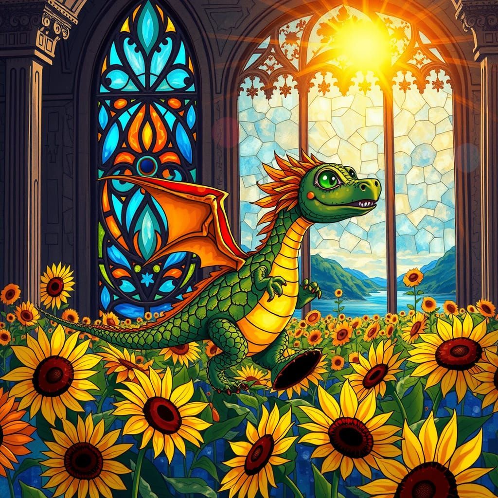 Joyful Dragon in Vibrant Art Nouveau Landscape