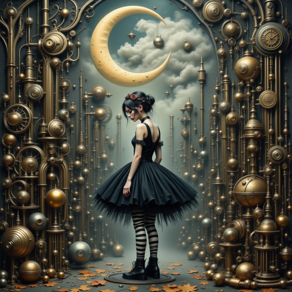 Steampunk Cityscape Under Moon with Human Face
